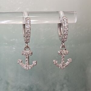 Sterling Silver Dangling Anchor Huggie Earringd 925 Cz Hoops